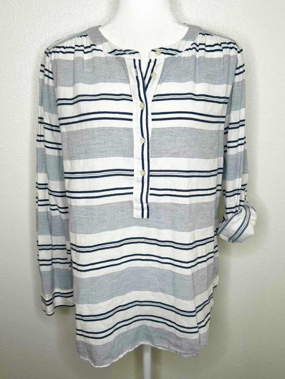 LOFT Womens White & Navy Blue Striped Popover Long Sleeve Buttoned Top Size S